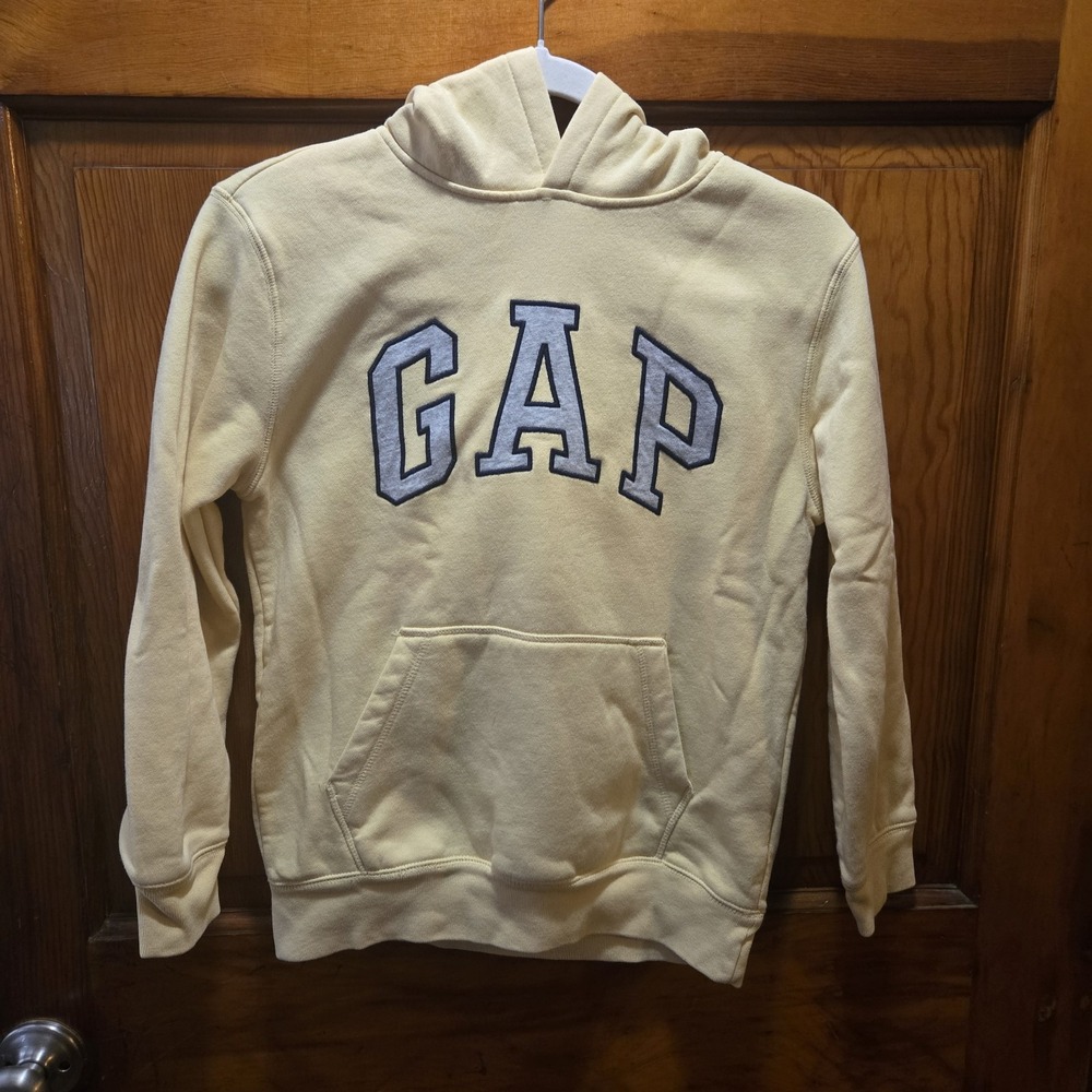 Gap Kids Arch Logo Hoodie Pale Yellow Fleece Pullover Sweatshirt Size L 10-11